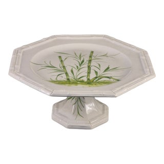 Vintage Ceramic Hand Painted Bamboo Pattern Made in Italy Pedestal Cake Stand For Sale