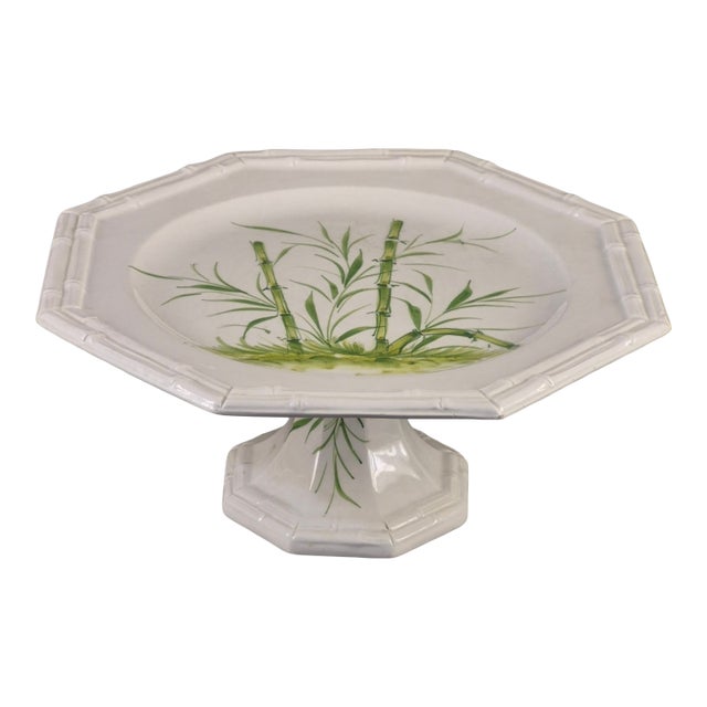 Vintage Ceramic Hand Painted Bamboo Pattern Made in Italy Pedestal Cake Stand For Sale