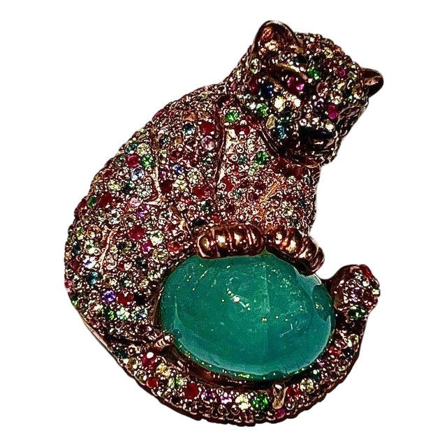 Bochic "Orient" Multi Sapphire & Green Calcite Brooch or Pendent Set In 18K Gold For Sale