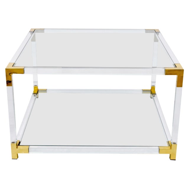 Italian Hollywood Regency Acrylic, Brass & Glass Square Cocktail Table, 1970s For Sale