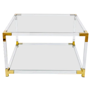 Italian Hollywood Regency Acrylic, Brass & Glass Square Cocktail Table, 1970s