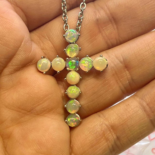 Traditional Natural Opal Cross Pendant Necklace 20" 14k WG 4.50 CT Certified For Sale - Image 3 of 11
