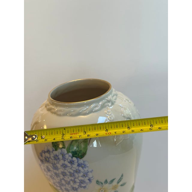 Lenox "Blue Hydrangeas" Collection Ceramic 10.5" Tall Ivory Vase Embossed Hand Painted Floral Design For Sale - Image 13 of 15