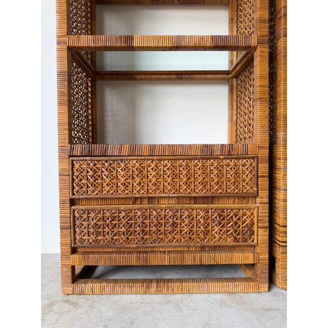 1970's Vintage Palm Beach Regency Style Arched Rattan & Glass Étagères – A Pair For Sale - Image 10 of 18