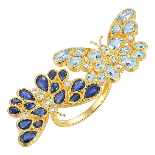 Nina Zhou Sapphire Aquamarine Diamond Two Butterfly Between the Finger Cocktail Ring in 14k Yellow Gold, size 7 For Sale