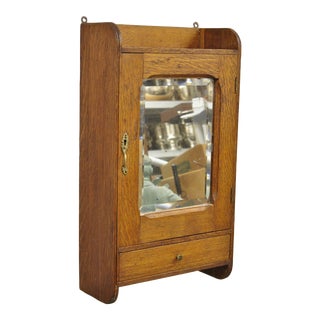 1900 - 1909 Antique Victorian Oak Wood and Mirror Hanging Bathroom Medicine Cabinet For Sale