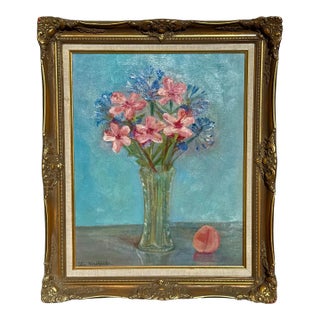 Vintage E. Hirshfield Floral Still Life Oil Painting in Gilt Frame, Signed Mid-Century Impressionist Art For Sale