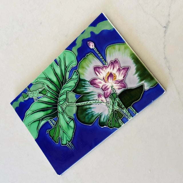 Mid 20th Century Antique Art Pottery Waterlilly Glazed Decorative Wall Tile in Blue, Green and Pink For Sale - Image 5 of 7