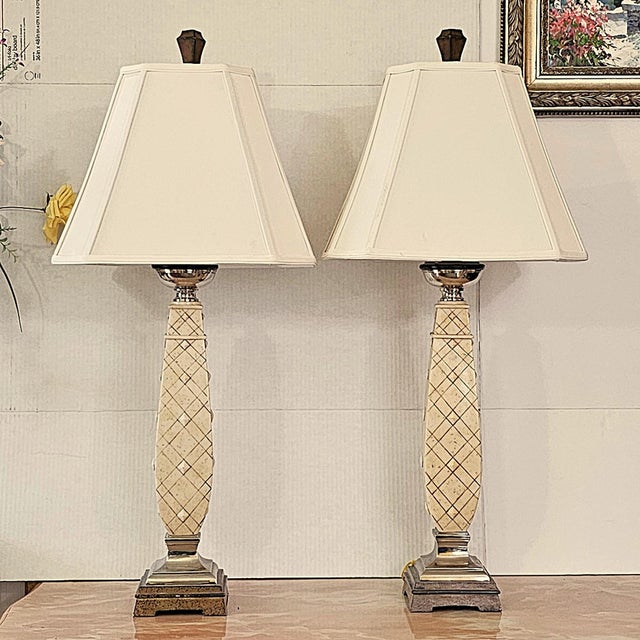 Pair of Berman Chrome, Marble & Ivory Table Lamps With Swivel Base and White Fabric Shades For Sale - Image 12 of 12