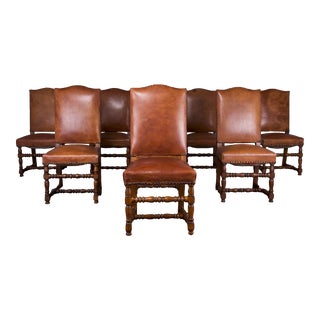 Antique French Louis XIII Style Maple Dining Chairs W/ Brown Leather - Set of 8 For Sale