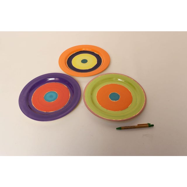 Orange Set of Three Glazed Ceramic Concentric Circle Plates With Gold Leaf Details Signed For Sale - Image 8 of 14