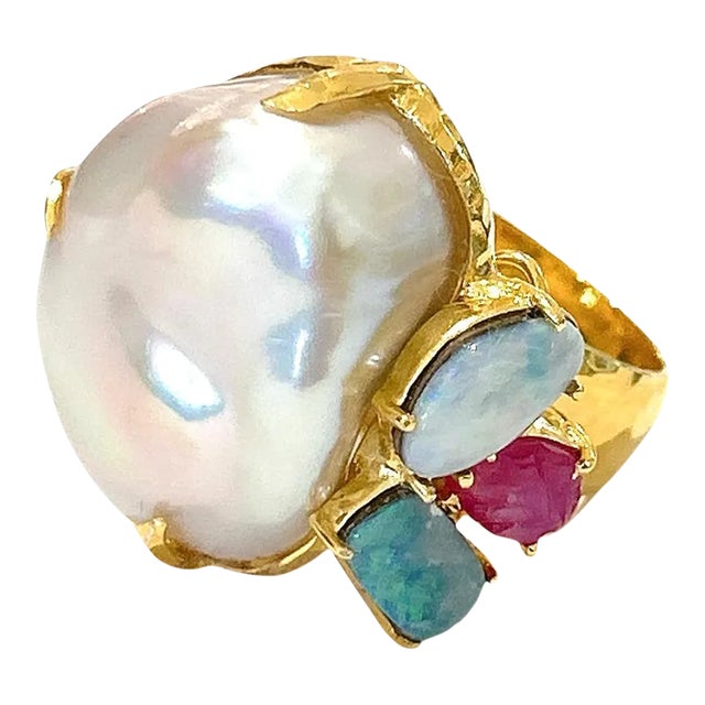 Bochic “Orient” Pearl & Multi Gem Vintage Cluster Ring Set 18k & Silver Size 4.5 For Sale