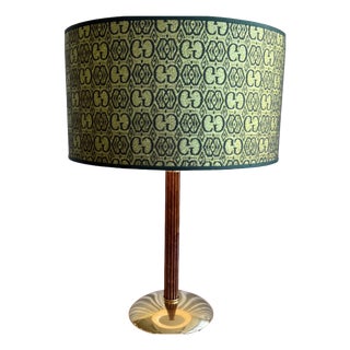 Mid-Century Wood and Brass Table Lamp with Gucci Fabric Shade, Italy, 1970s For Sale