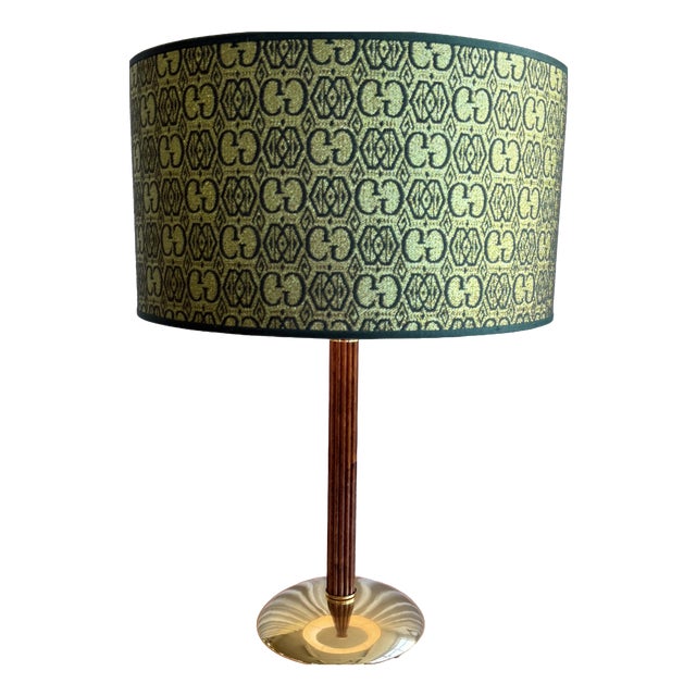 Mid-Century Wood and Brass Table Lamp with Gucci Fabric Shade, Italy, 1970s For Sale