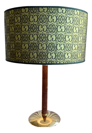 Mid-Century Wood and Brass Table Lamp with Gucci Fabric Shade, Italy, 1970s