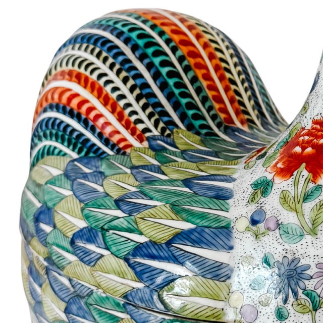 Large Vintage Chinese Famille Rose Polychrome Enamel Rooster Form Covered Box & Tureen For Sale - Image 10 of 15