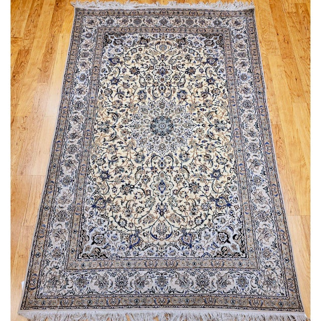 Beige Vintage Persian Nain Area Rug, Hand-Knotted Wool & Silk, Floral Pattern, 5x7, Ivory & Blue For Sale - Image 8 of 16