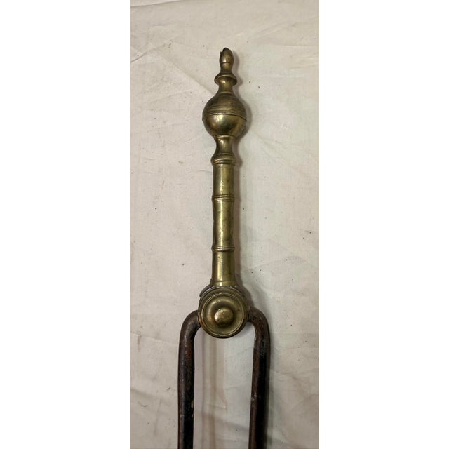 18th Century Antique 18th Century Wrought Iron Turned Brass English Fireplace Tongs Tool 8 For Sale - Image 5 of 10