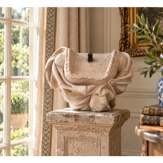Neoclassical Antique French Marble Female Bust Fragment With Draped Neoclassical Form For Sale - Image 3 of 13