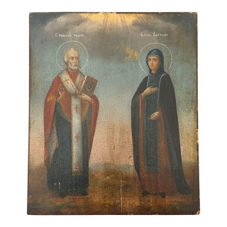 19th Century Orthodox Icon of St. Nicholas & St. Eustolia For Sale