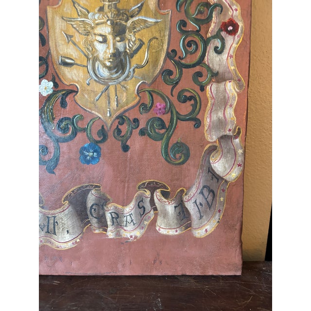 1920s Hand Painted Oil on Wood Memento Mori Coat of Arms Heraldry Wall Plaque For Sale - Image 5 of 12