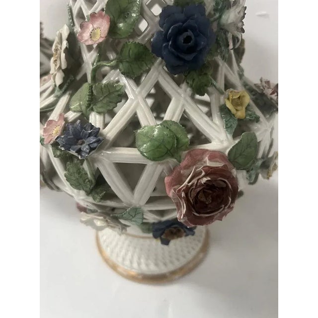 Polychrome Openwork Porcelain Baluster Vases, Saxony, Germany, 19th Century, Set of 2 For Sale - Image 14 of 15