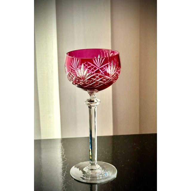 Pink Ruby Cut-to-Clear Crystal Cordial Glasses attributed to Val Saint Lambert, 1950, Set of 8 For Sale - Image 8 of 18