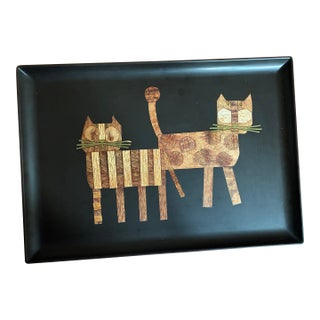 Large Vintage Couroc Cat Tray - Wood, Brass, Resin For Sale