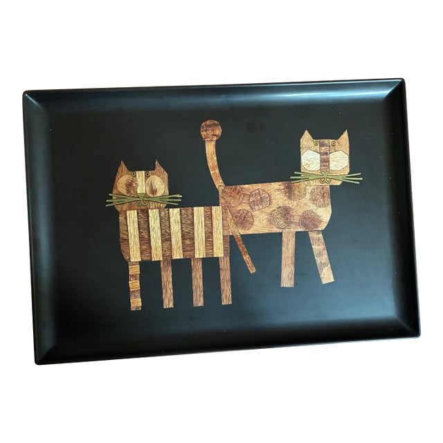 Large Vintage Couroc Cat Tray - Wood, Brass, Resin For Sale
