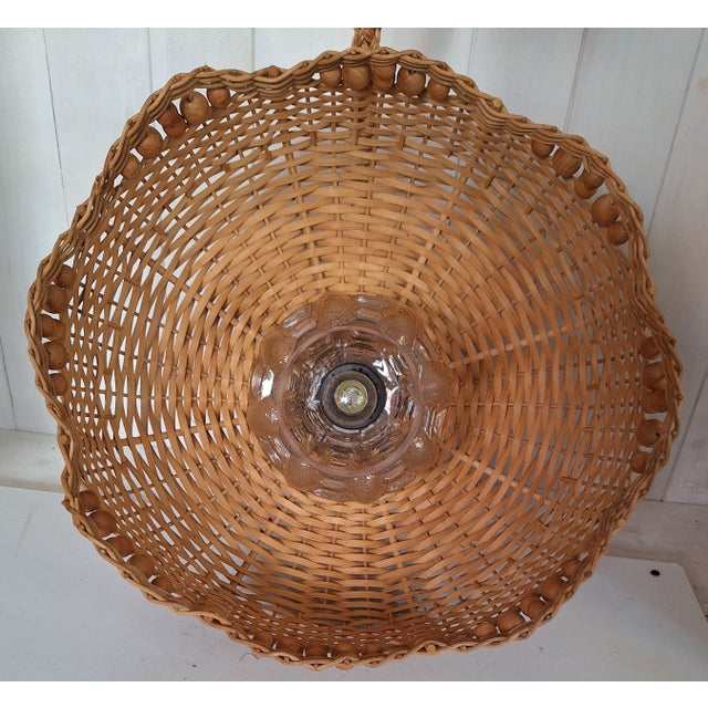 Glass Vintage Ceiling Lamp with Wicker Shade and Inner Relief Glass Shade on Rope Mount, 1970s For Sale - Image 7 of 8