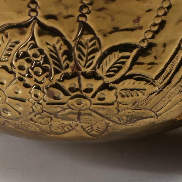 Sculpture Materials Vintage Brass Plated Ring Handled Claw Foot Repoussé Jardinière Log Holder Planter For Sale - Image 7 of 10