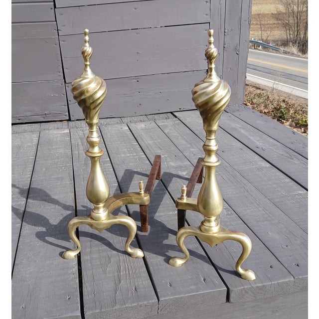 Pair of Antique Brass Federal Fireplace Andirons with Spiral Twists w Log Holders A pair of antique brass Federal style...