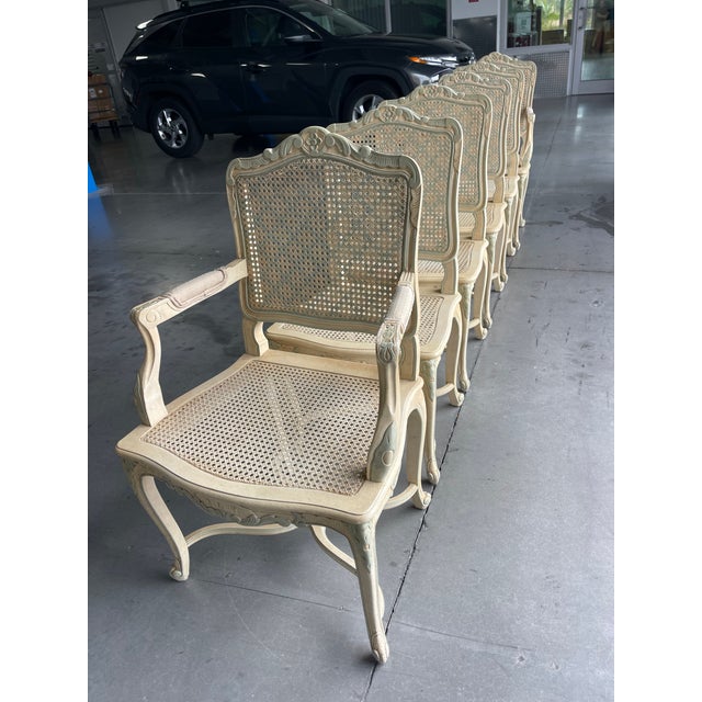 Wood French Louis XV Style Painted Cane Back Dining Chairs With Carved Frames & Cabriole Legs – Set of 6 For Sale - Image 7 of 18