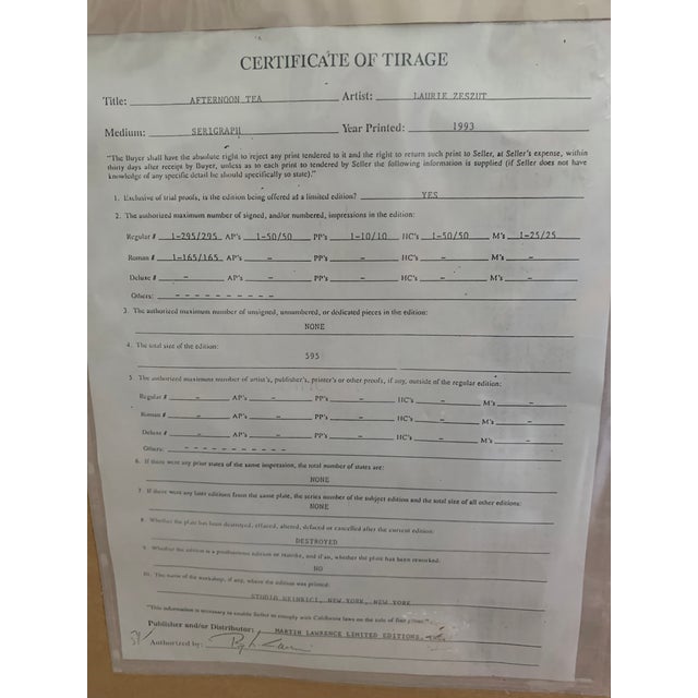 1990s "Afternoon Tea" Interior Scene Serigraph by Laurie Zeszut, Framed For Sale In Detroit - Image 6 of 7