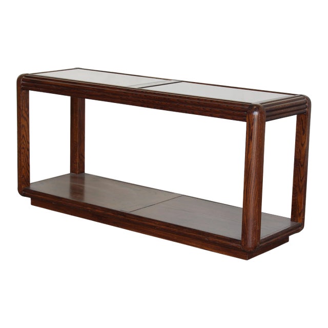 Mid Century Walnut Console With Glass Tops For Sale