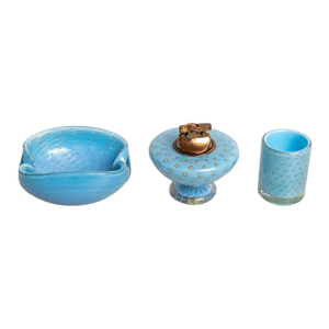 1950s Italian Murano Blue Glass Smoking Set- 3 Pieces