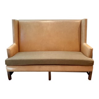 Leather and Tweed Tall Back Banquette For Sale