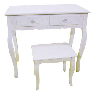 White Wooden Table with Stool and Flower Knobs For Sale
