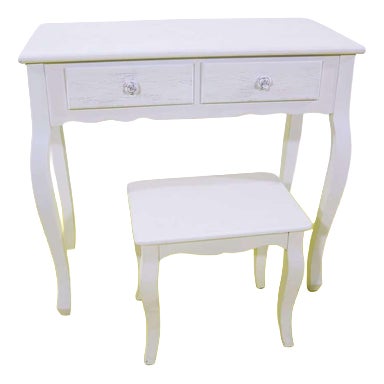 White Wooden Table with Stool and Flower Knobs For Sale