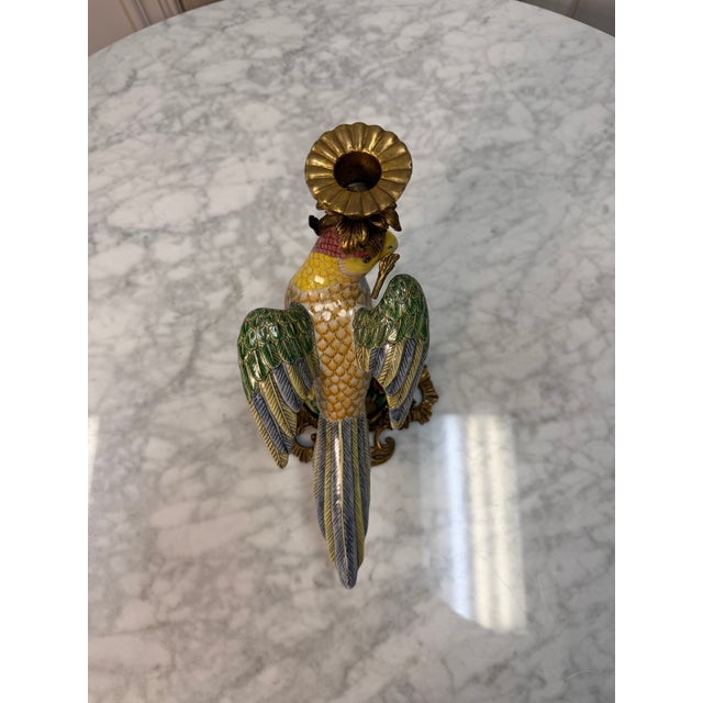 Vintage French-Style Porcelain Parrot Candlestick With Ornate Brass Base For Sale In West Palm - Image 6 of 7