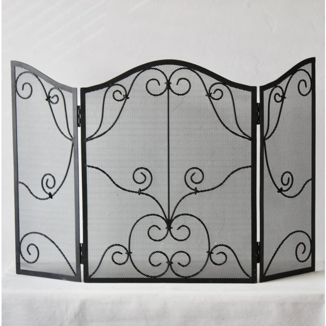 Vintage French Style Black Mesh Fireplace Screen Metal Scrollwork Details For Sale - Image 11 of 11