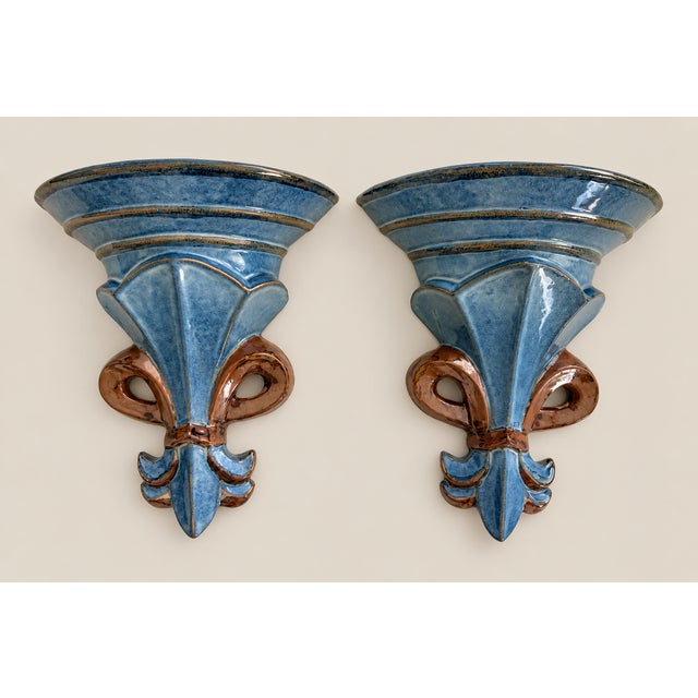 Cornflower Blue Vintage Ceramic Wall Brackets Sconces Fleur-De-Lis Blue and Brown Glazed – A Pair For Sale - Image 8 of 8