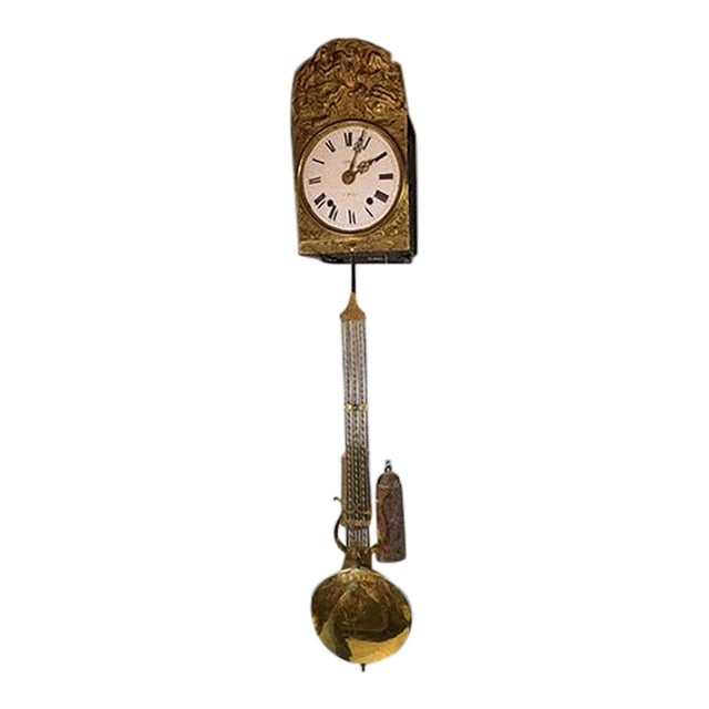 Antique Brass Wall Mount Comtoise Clock Marked Camps a Monein For Sale