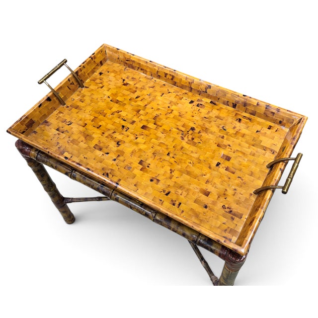 Wood Boho Maitland Smith Tortoise Bamboo and Tessellated Penshell Tray Table For Sale - Image 7 of 18