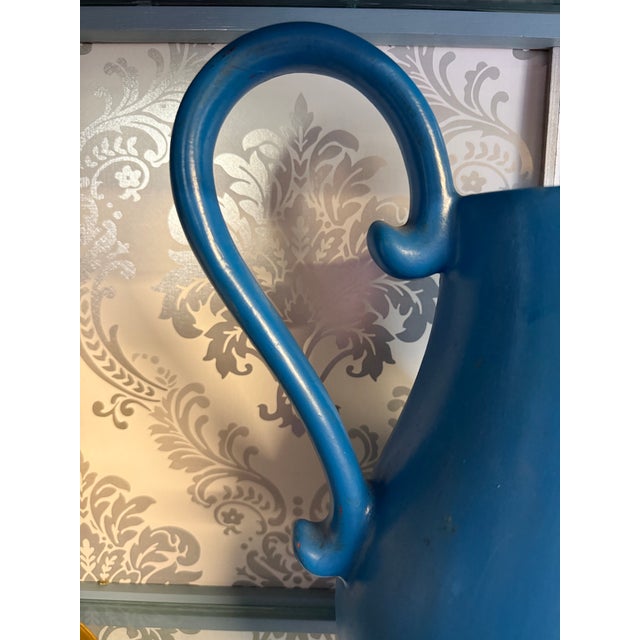 1970s Vintage Farmhouse Portuguese Glazed Terracotta Ewer Blue Pitcher For Sale - Image 5 of 9
