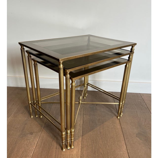 Maison Jansen 1940s Neoclassical style brass nesting tables. French work by Maison Jansen. For Sale - Image 4 of 12