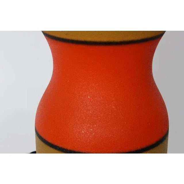 1960s Bruno Gambone Style Mustard, Red & Black Banded Pottery Table Lamps - A Pair For Sale - Image 11 of 13