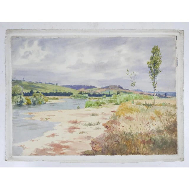 Vintage late 19th century watercolor on handmade paper riverside landscape painting. Unsigned, detailed and delicate...