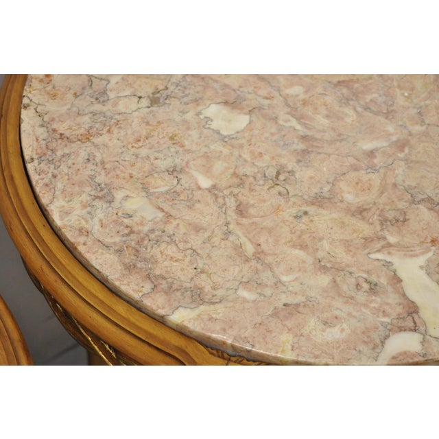 Brown French Provincial Hollywood Regency Round Pink Marble Top Side Tables - A Pair For Sale - Image 8 of 12