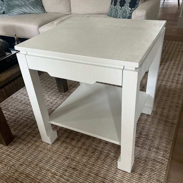 Custom White Grass Cloth Covered Side Table With Ming Legs. Color is BM white dove. Top has a lacquered finish. Drawer....